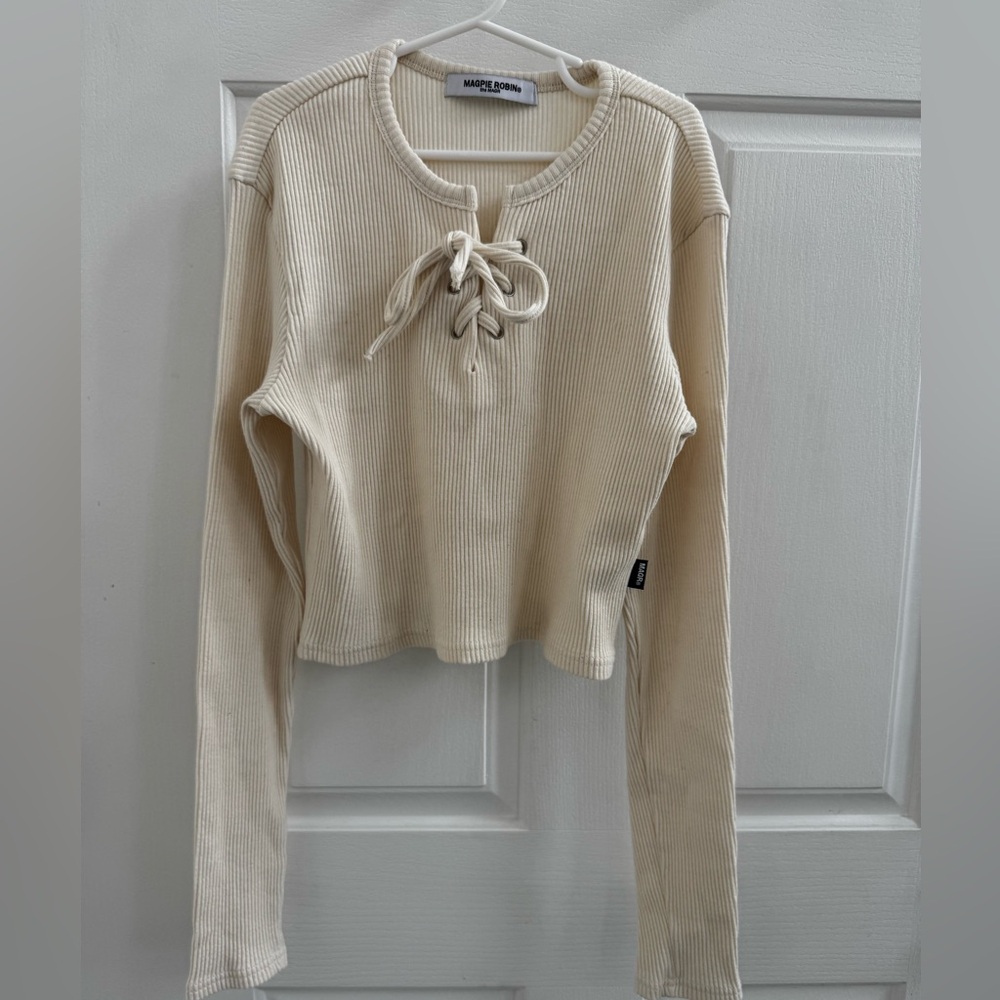 Cream Women’s Lace-Up Ribbed Top